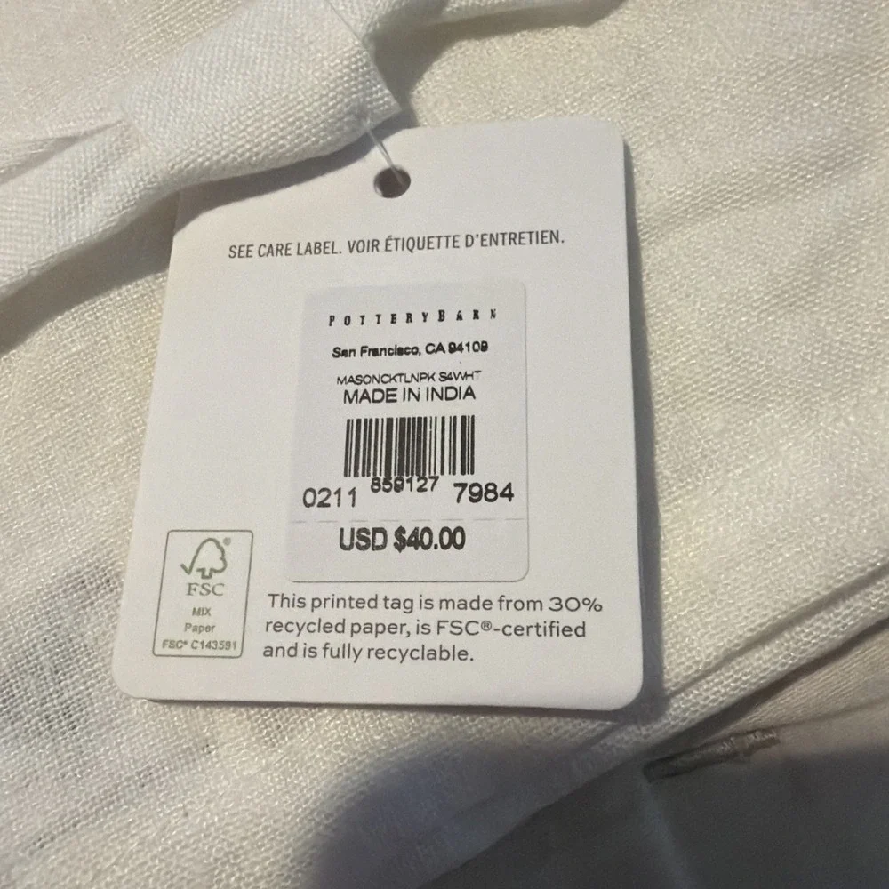 Pottery Barn Mason SET OF 4 Cocktail Napkins WHITE  6
